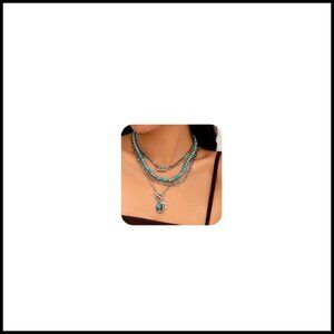 Silver Layered Necklace Boho Turquoise Beaded Choker Western Horseshoe Pendant